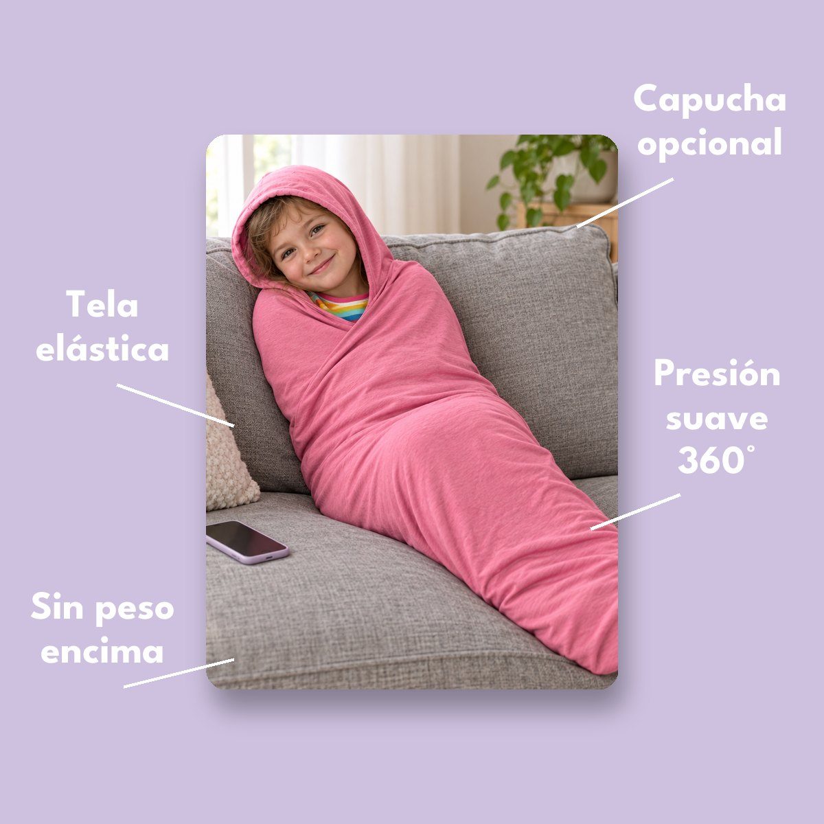 ARRULA: capucha opcional, presión suave de 360°, tela elástica y transpirable