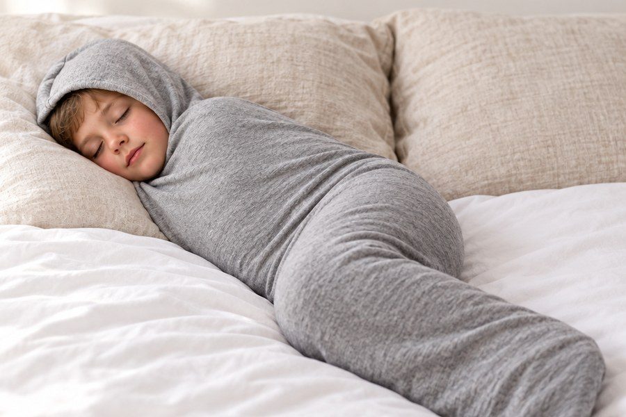 El saco ARRULA gris a la hora de dormir